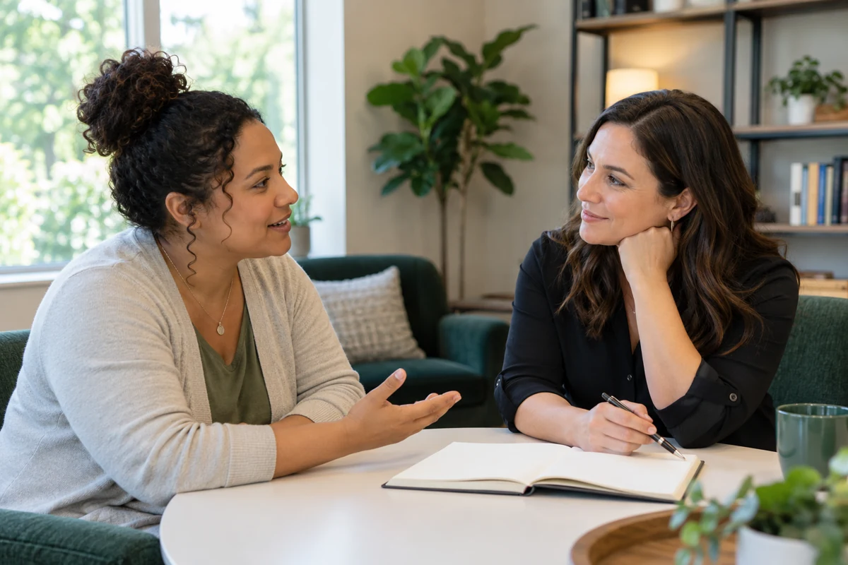 A caregiver and professional discussing support.